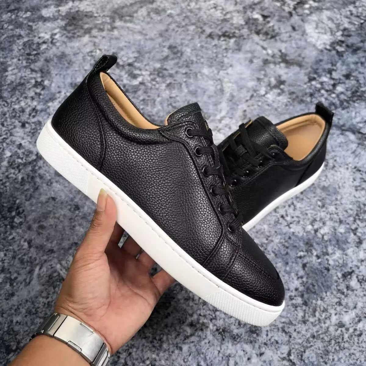 Sneakers Basses Cuir Grainé Lychee Noir Homme – CLEVI Paris