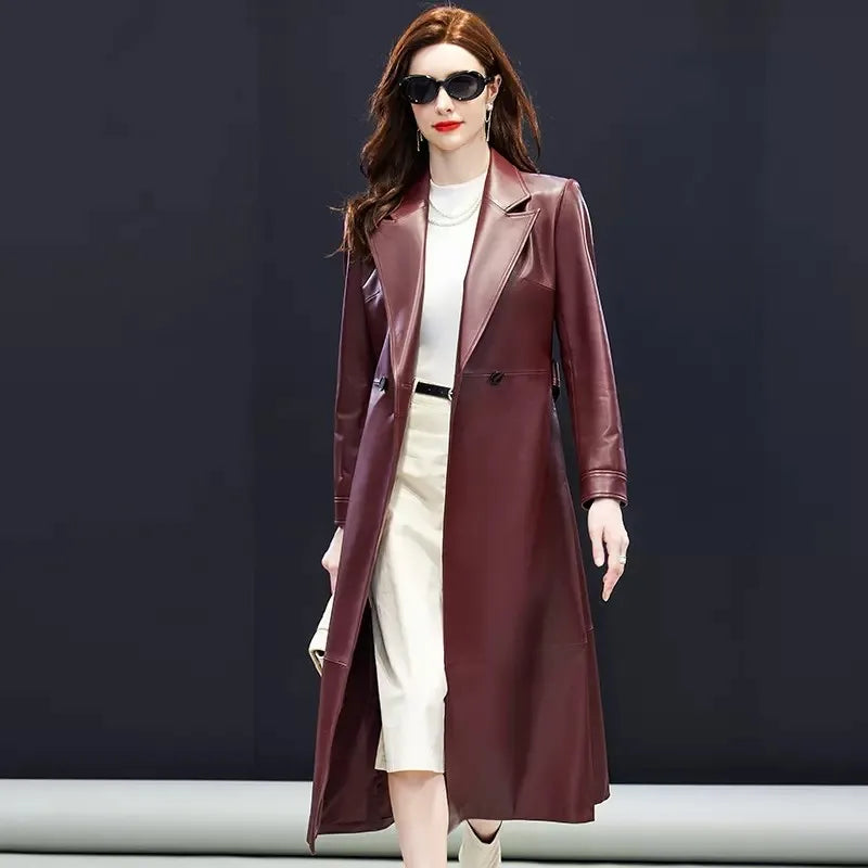 Trench long femme cuir de mouton ceinturé – CLEVI Paris