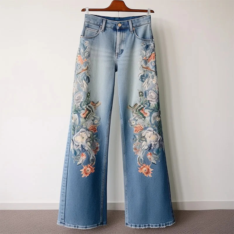 Jean Femme Flare Brodé Taille Mi-Haute Denim Casual Automne Hiver – CLEVI Paris