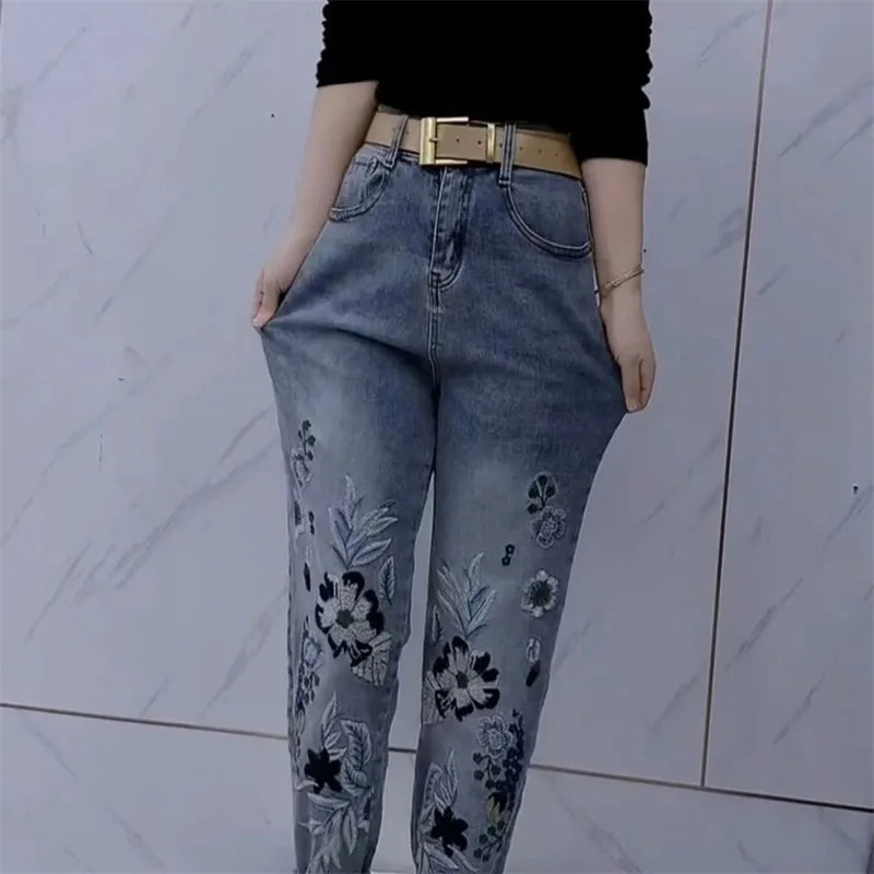 Jean Harem Femme Brodé Loose Denim Casual All-Match Automne Hiver – CLEVI Paris