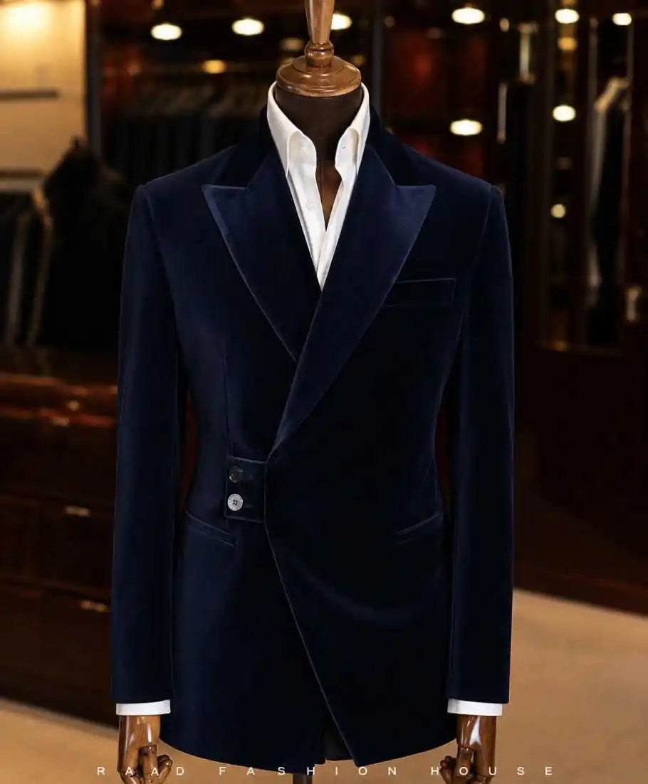 Blazer homme velours bleu marine asymétrique – CLEVI Paris