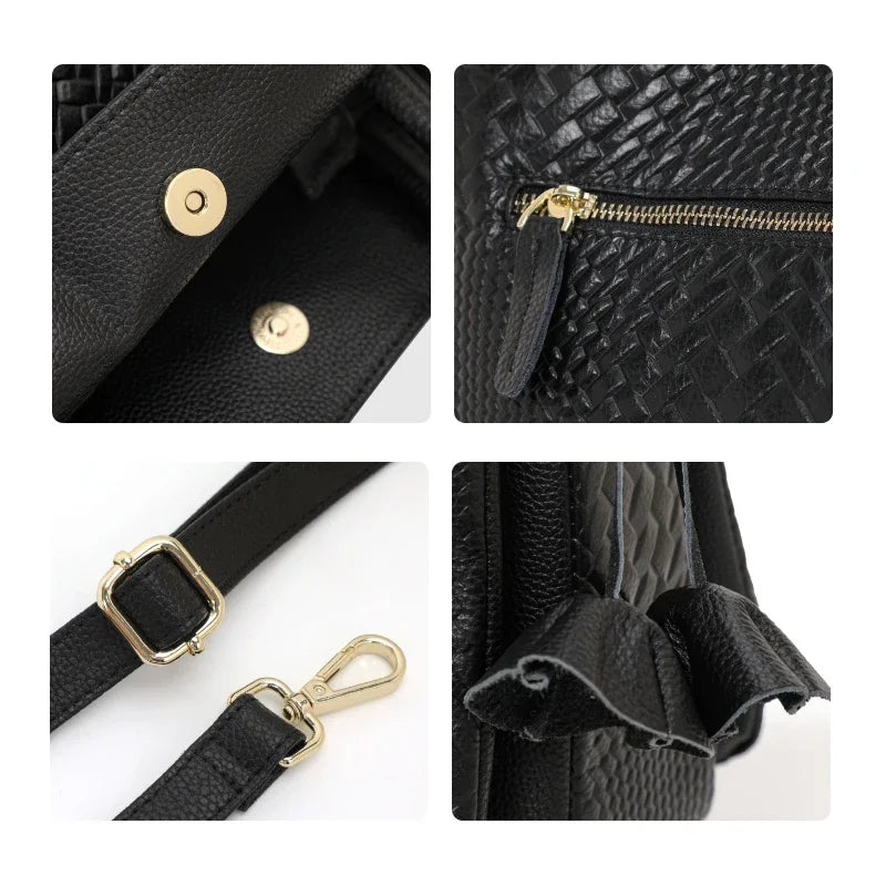 Sac Seau Femme Cuir Véritable Tressé Poche Zippée Bretelle Amovible – CLEVI Paris