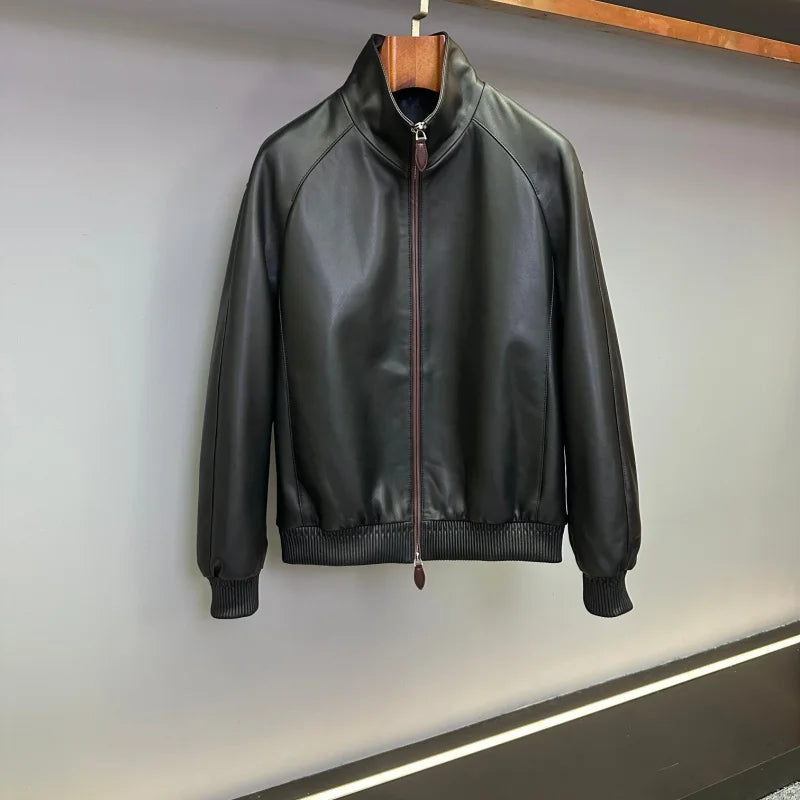 Blouson homme en cuir noir à col montant – CLEVI Paris