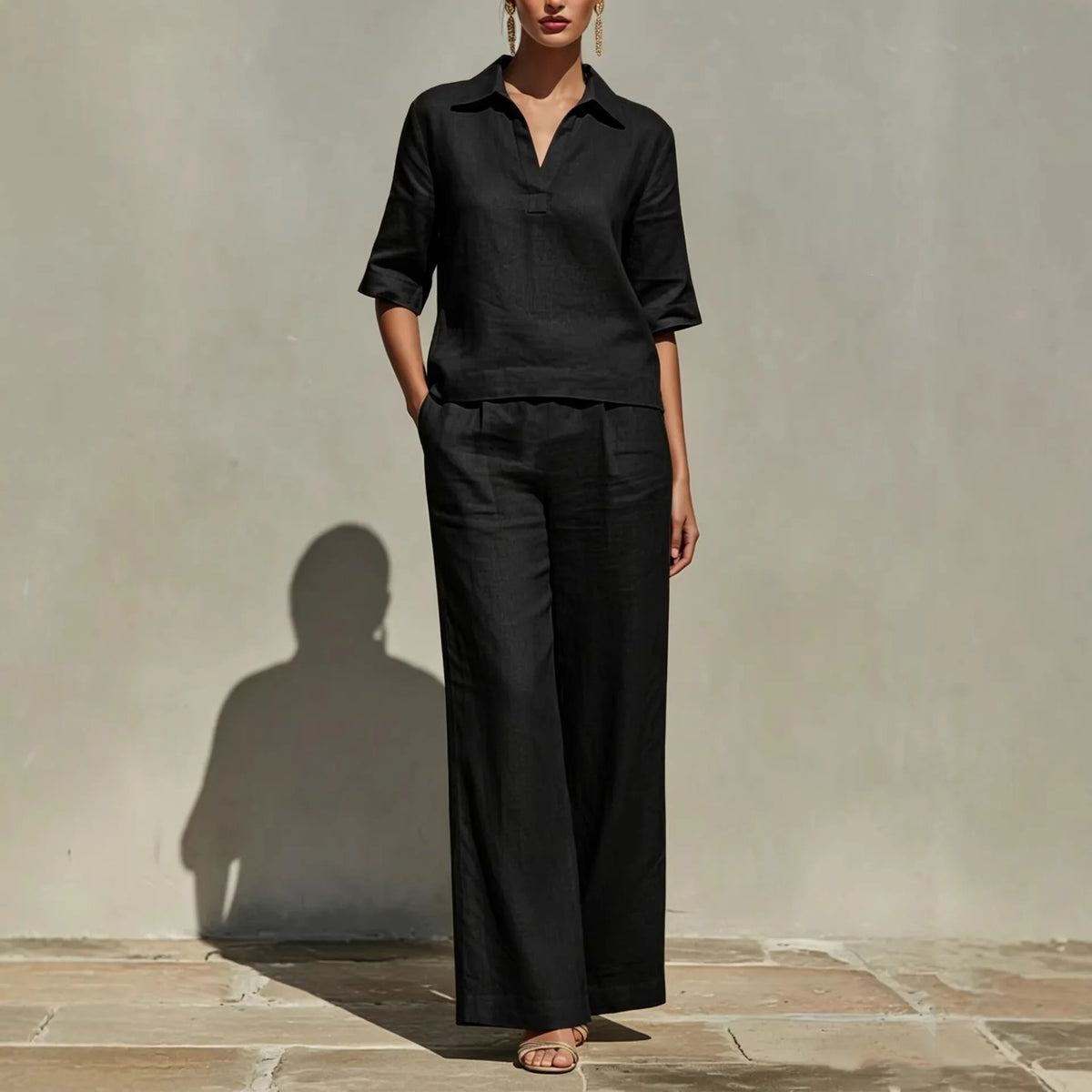 Ensemble Femme Blouse Col Polo et Pantalon Large – CLEVI Paris