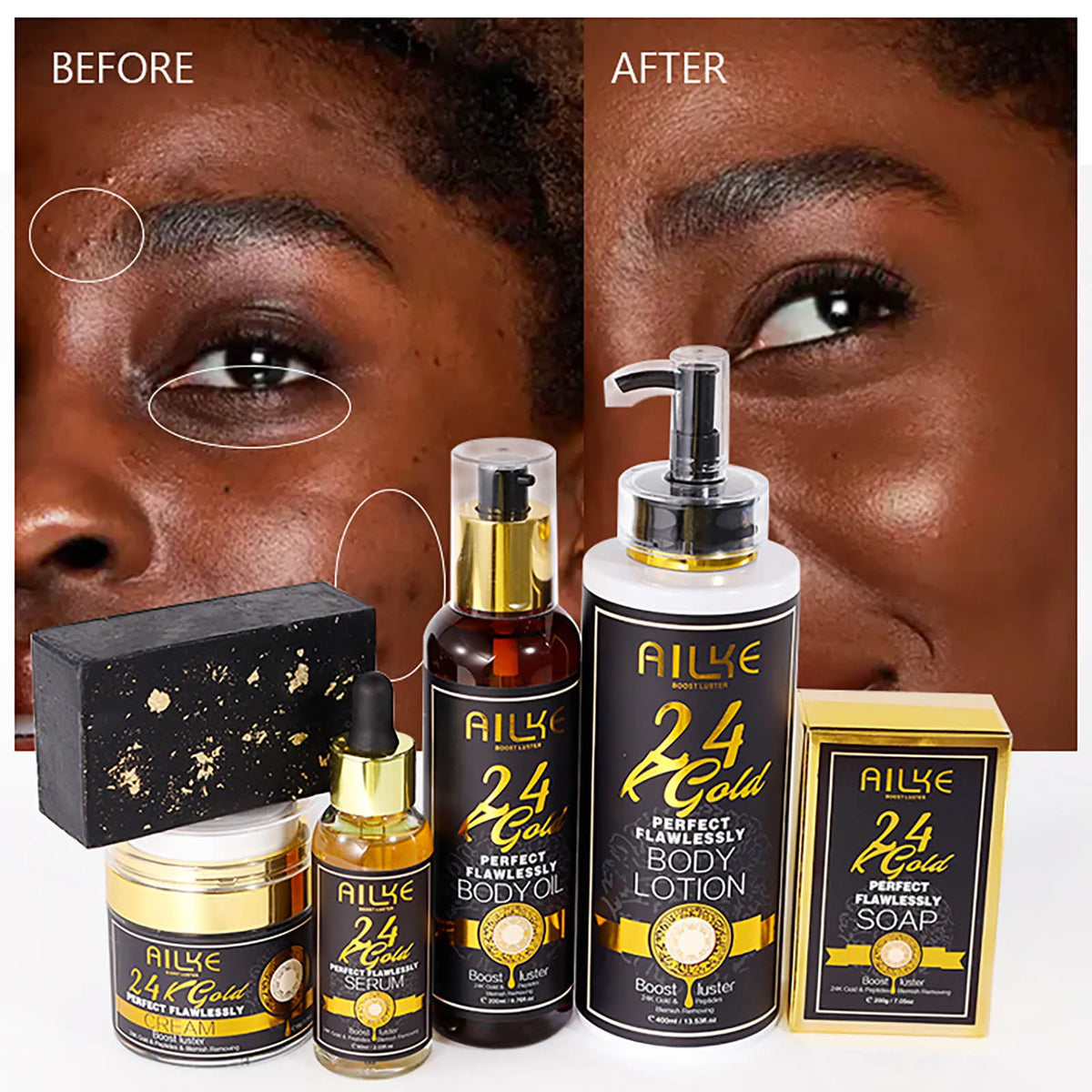 Gamme Soins AILKE 24K Gold Perfect Flawlessly – Crème, Savon & Huile Corps – Éclaircissant Anti-Taches – CLEVI Paris