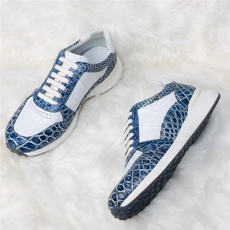 Sneakers Cuir Crocodile Homme Bicolore Blanc Bleu – CLEVI Paris
