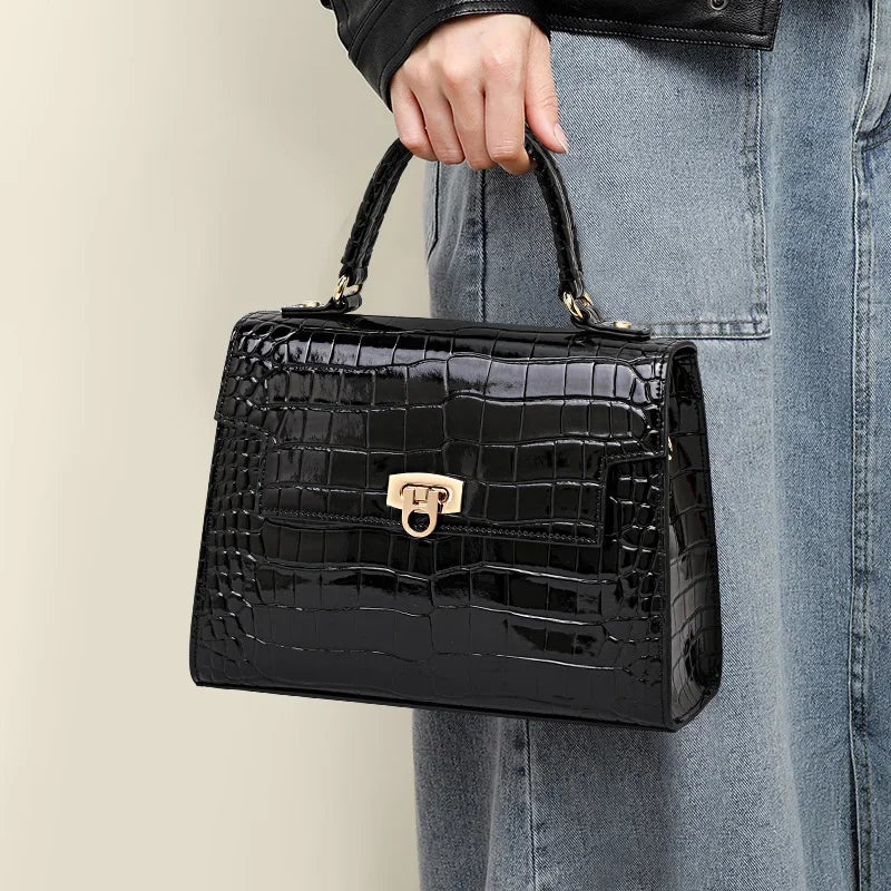 Sac À Main Femme Cuir Verni Croco Brillant Rabat – CLEVI Paris