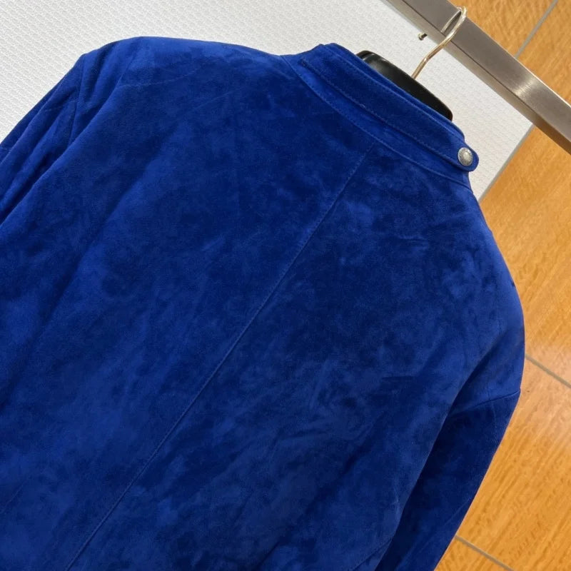 Blouson homme bleu aspect daim à col montant – CLEVI Paris
