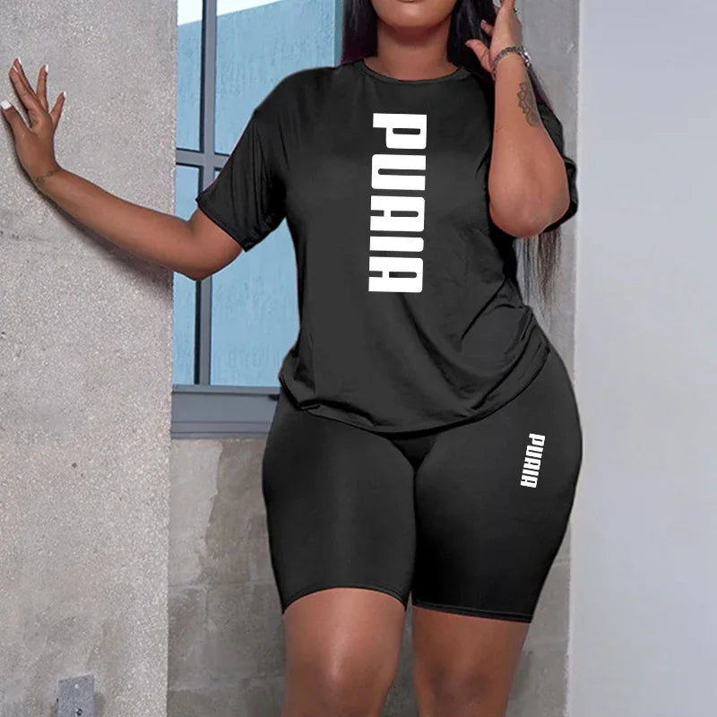 Ensemble 2 Pièces Femme T-Shirt Col Rond Manches Courtes Imprimé + Short Casual Sport 8 Coloris – CLEVI Paris