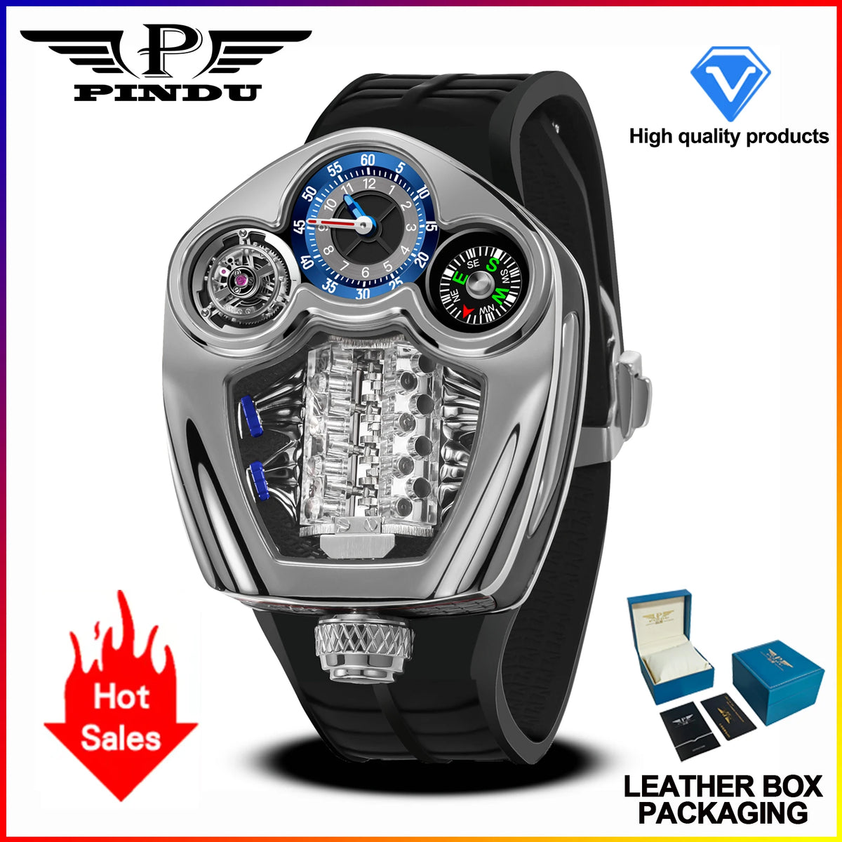 PINDU PD6658 Montre Homme Quartz Suisse Boussole Acier Forme Moteur 50M – CLEVI Paris