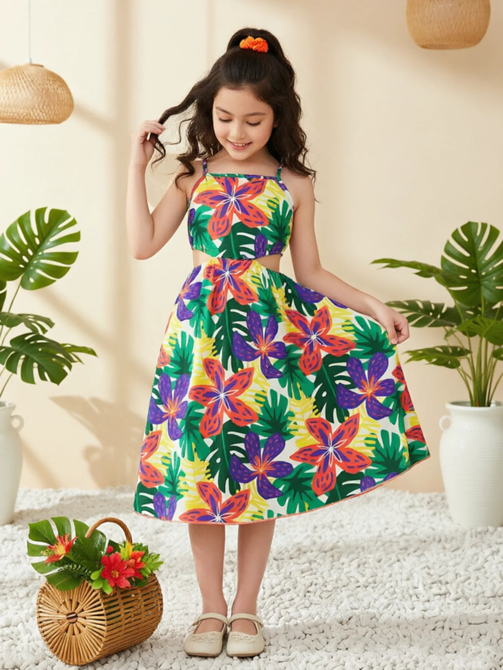 Robe fille tropicale à fines bretelles – CLEVI Paris