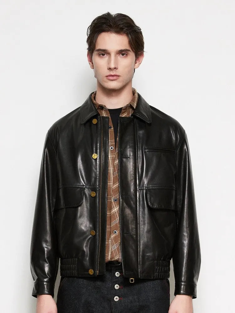 Veste cargo homme en cuir de mouton noir – CLEVI Paris