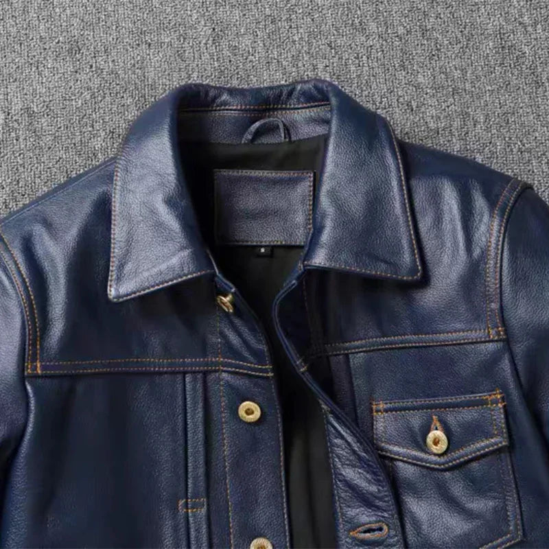 Veste homme en cuir de vache, col rond – CLEVI Paris