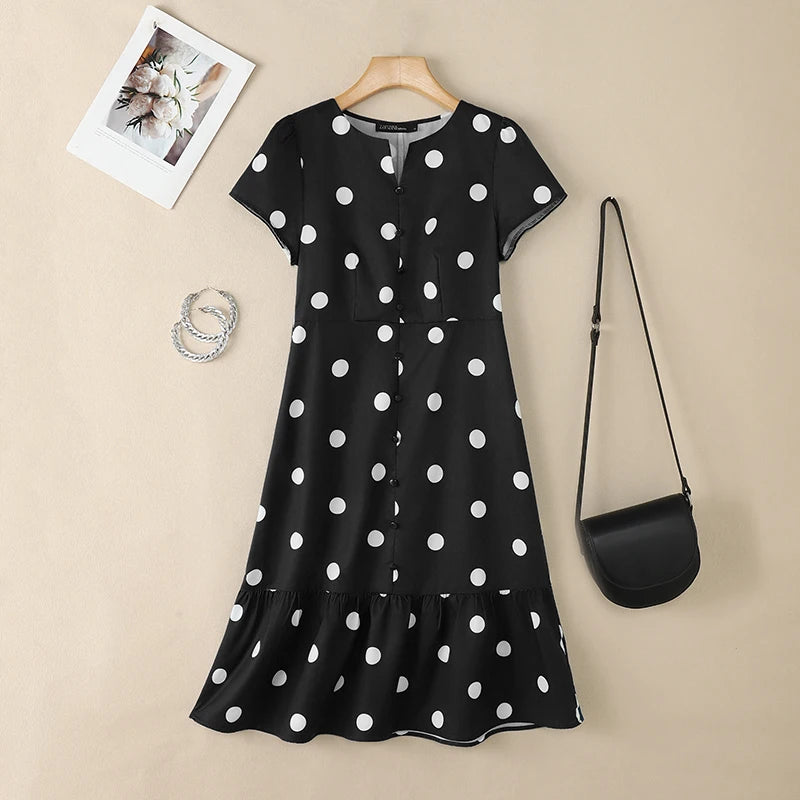Robe Femme Col V Imprimé Pois Manches Courtes Mi-Mollet Élégante – CLEVI Paris