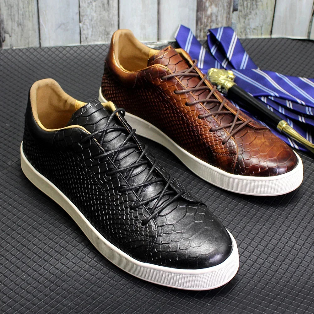 Sneakers Cuir Vachette Homme Motif Serpent Lacets Noir Rouge – CLEVI Paris