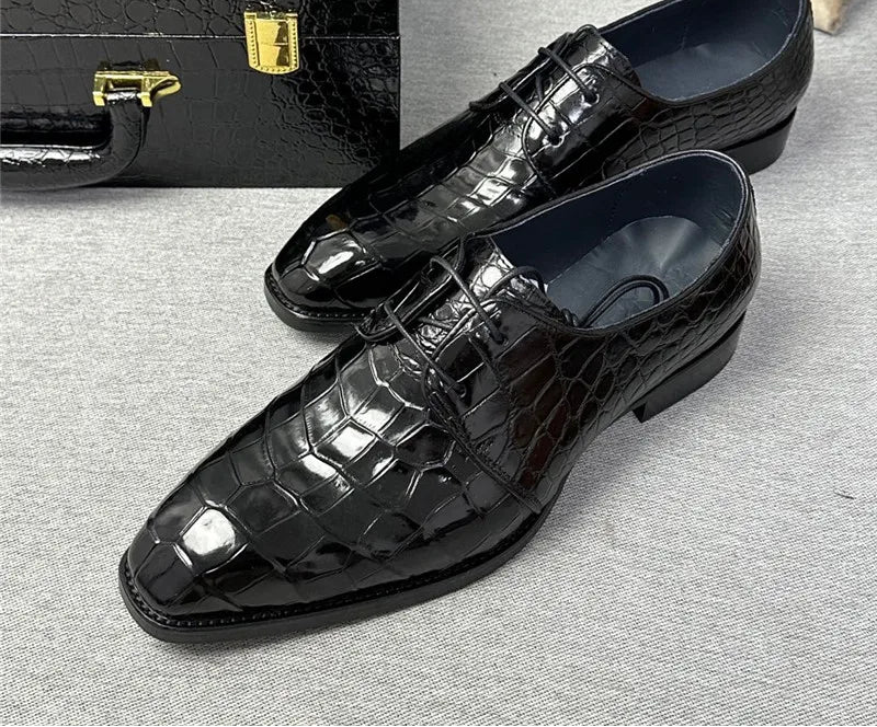 Richelieu Cuir Crocodile Homme Bout Carré Lacets – CLEVI Paris