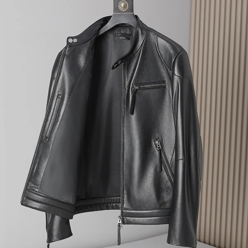 Blouson homme en cuir à col montant zippé – CLEVI Paris