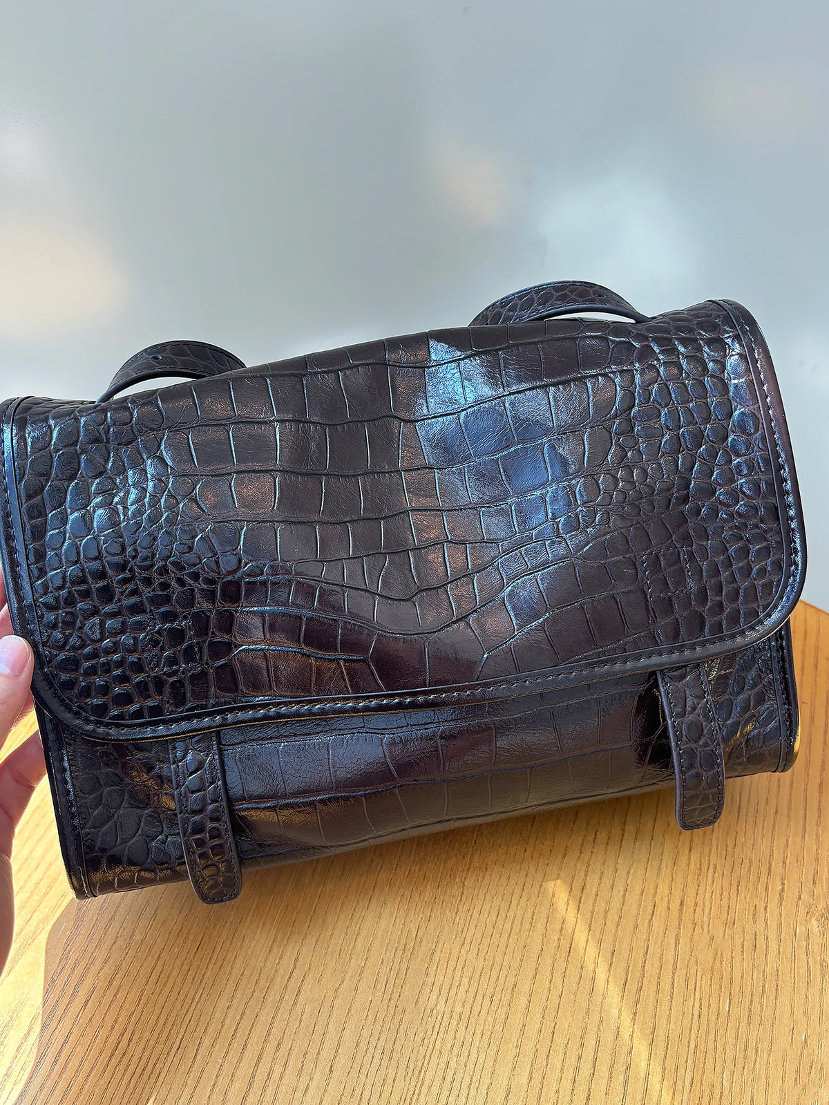 Sac Box Cuir Vache Ciré Motif Crocodile Femme Épaule – CLEVI Paris