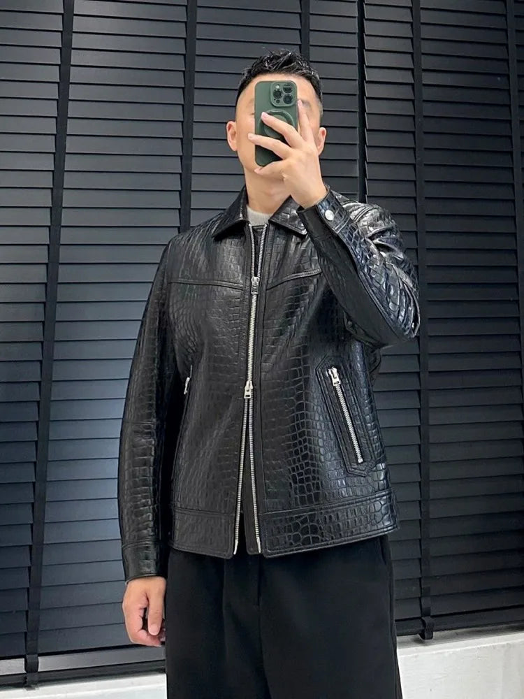 Veste homme cuir noir effet crocodile – CLEVI Paris