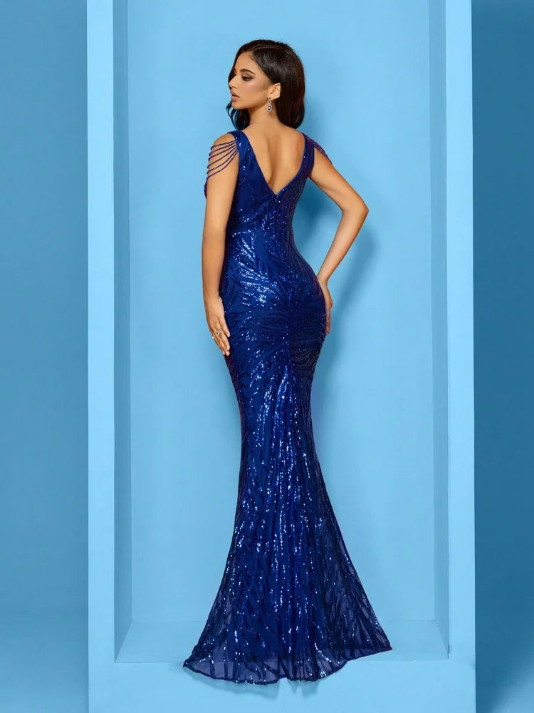 Robe sirène bleu roi à paillettes – CLEVI Paris