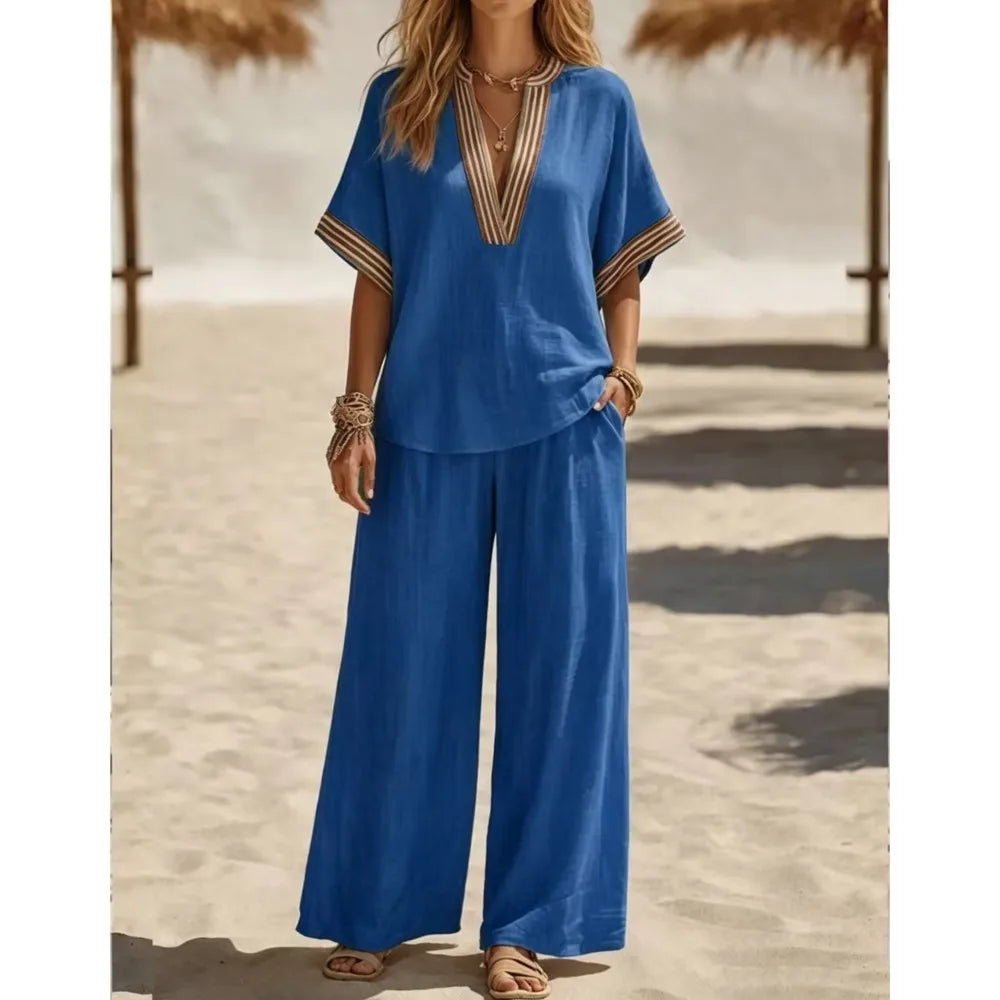 Ensemble femme col V et pantalon ample – CLEVI Paris
