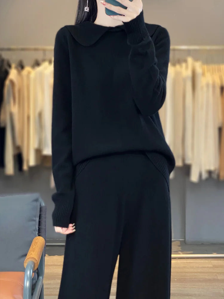 Ensemble mérinos femme, pull à col rabattu – CLEVI Paris