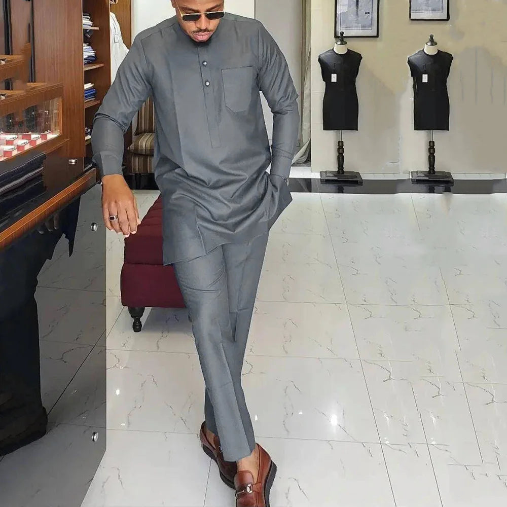 Ensemble Kaftan Homme 2 Pièces Broderie Manches Longues Col Rond + Pantalon Cordon Style Africain Mariage M-4XL – CLEVI Paris