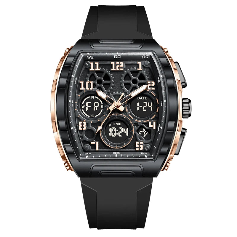 FOXBOX 0096 Montre Homme Quartz Digital Carrée Acier Silicone Chrono 50M – CLEVI Paris