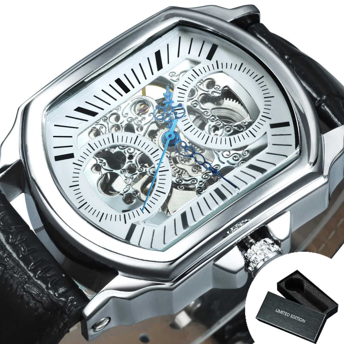 FORSINING Montre Homme Automatique Squelette Rectangle Cuir Aiguilles Bleues – CLEVI Paris