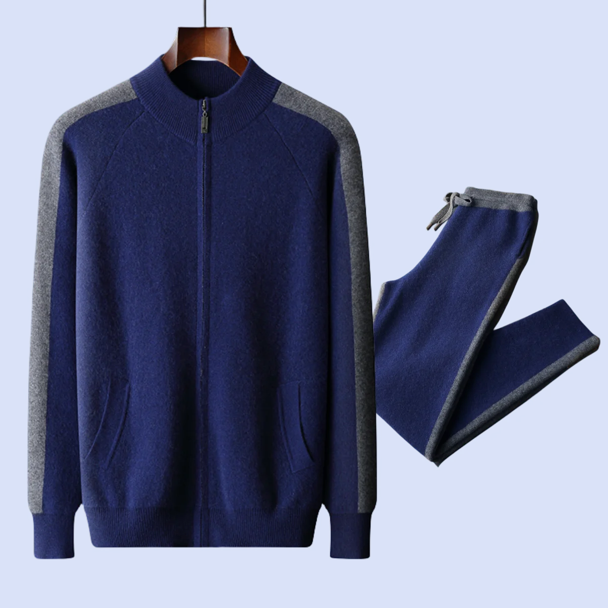 Ensemble 2 Pièces Homme 100% Cachemire MVLYFLRT – Cardigan Col Montant Zippé + Pantalon Slim Bicolore – 3 Coloris – CLEVI Paris