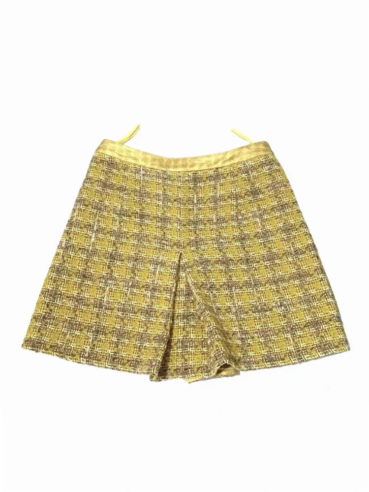Manteau ou jupe femme à carreaux jaunes – CLEVI Paris