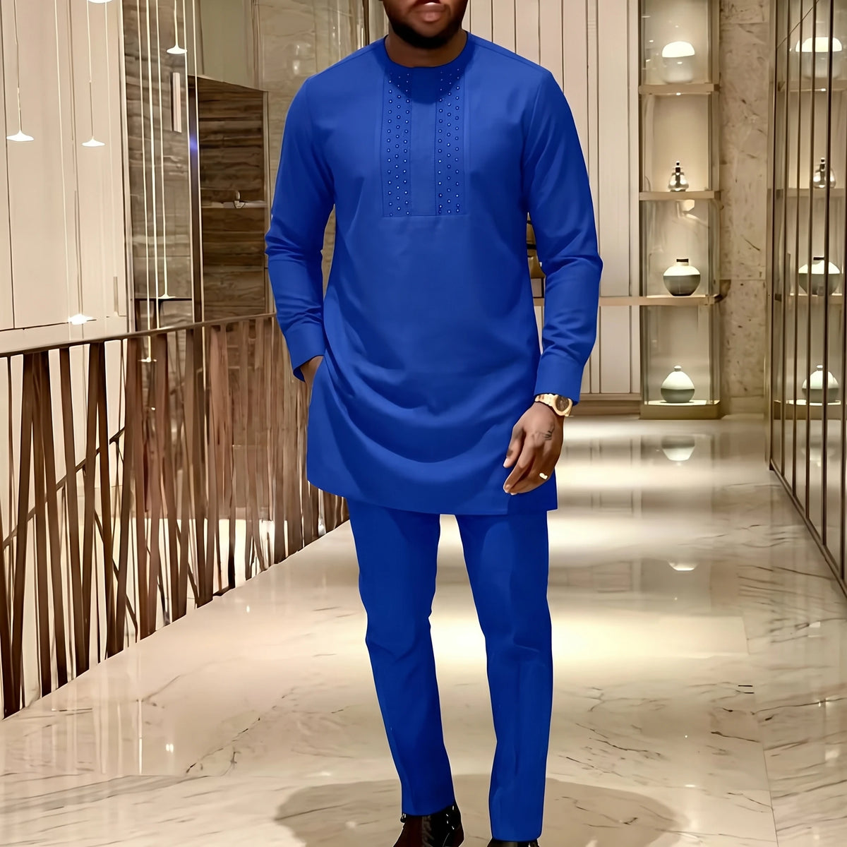 Ensemble Kaftan Africain Homme 2 Pièces – Costume Brodé Manches Longues – CLEVI Paris