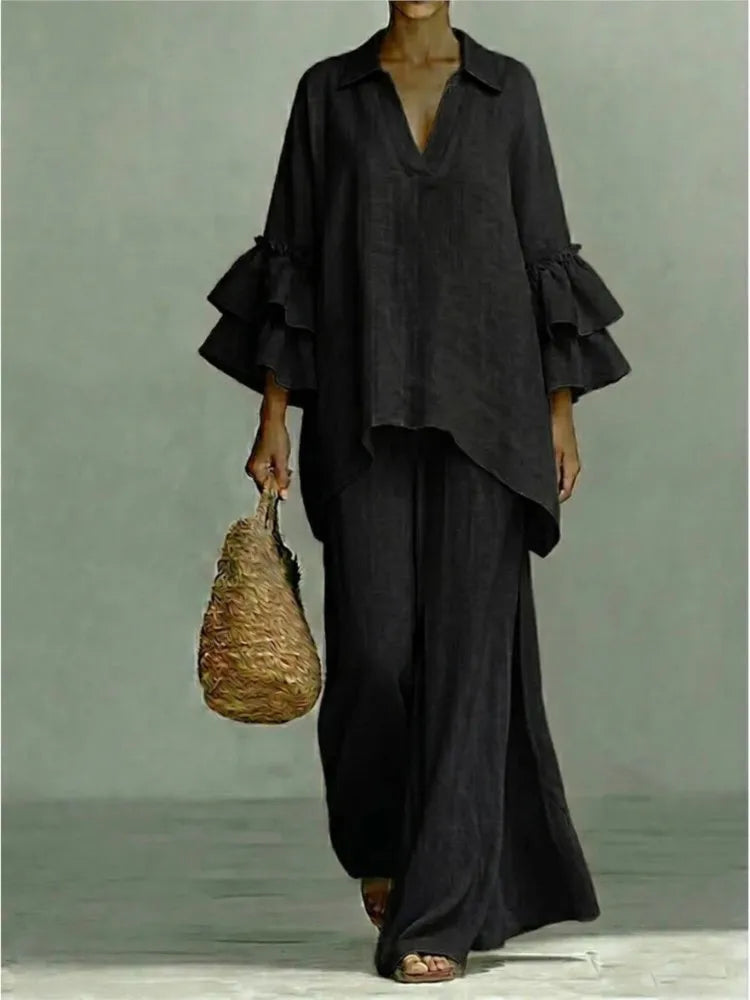 Ensemble femme à revers et pantalon large – CLEVI Paris
