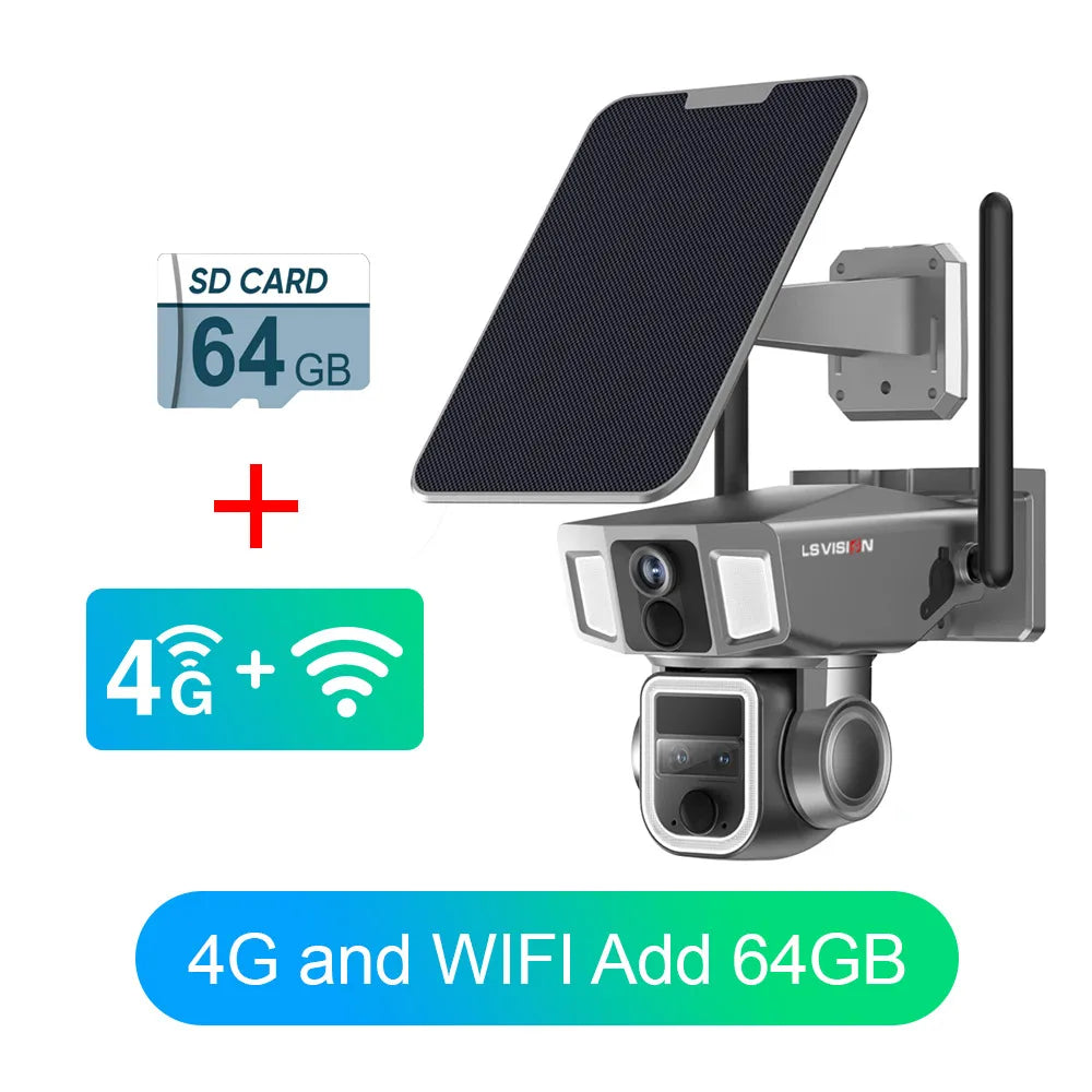 Caméra Solaire Extérieure LS VISION 12MP 6K Triple Objectif Zoom 10x 4G Wi-Fi PTZ IP66 – CLEVI Paris