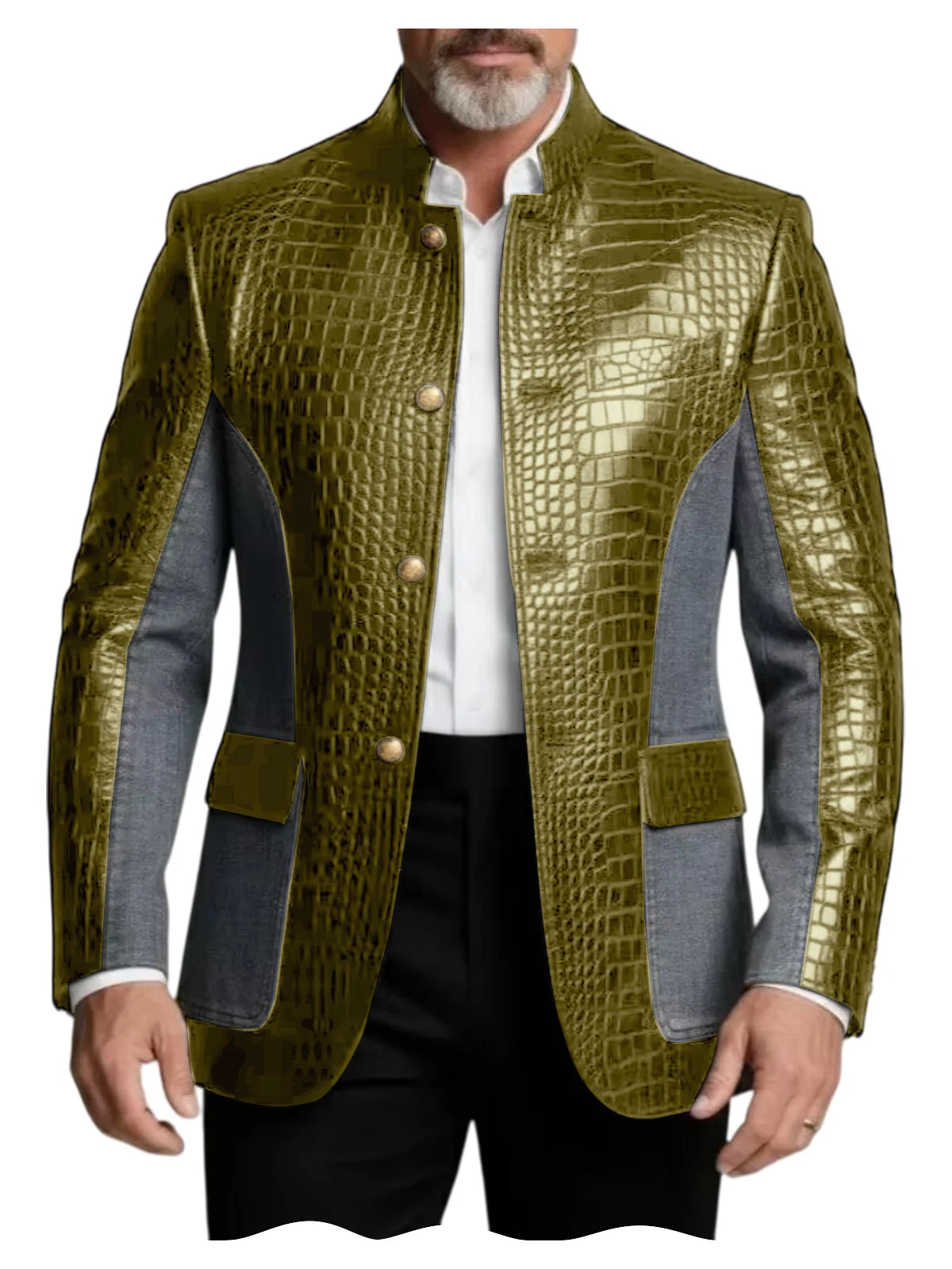 Blazer en cuir PU de luxe marron pour homme, effet croco, patchwork denim, col montant, coupe ajustée, idéal pour affaires, décontracté ou soirée
