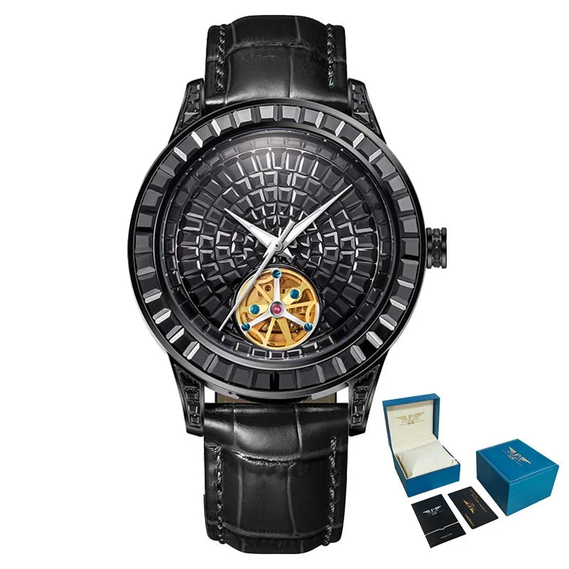 Montre Homme Automatique Squelette Serti Diamants Cuir Pindu P5037 – CLEVI Paris