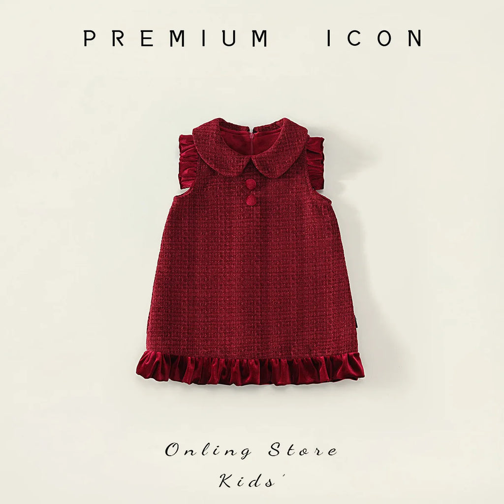Robe fille rouge en velours à col Claudine – CLEVI Paris
