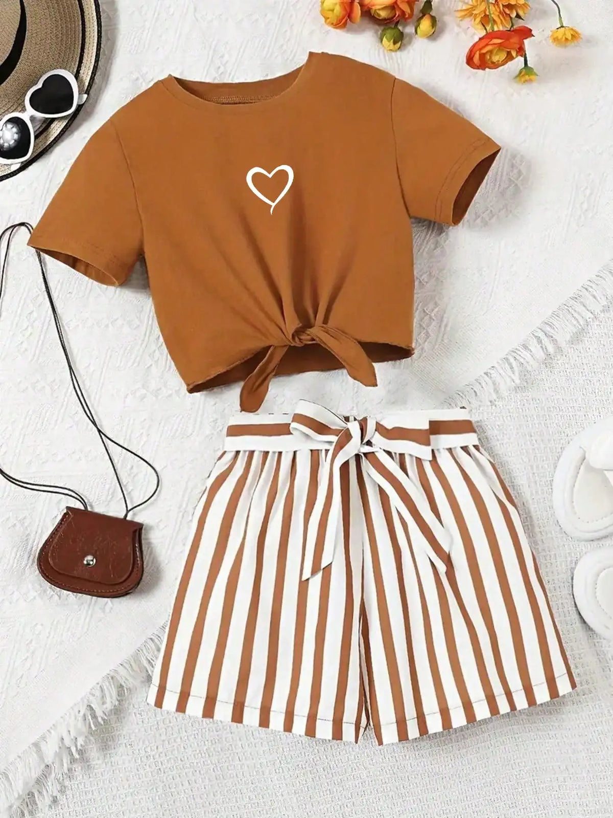 Ensemble fille t-shirt cœur et short rayé – CLEVI Paris