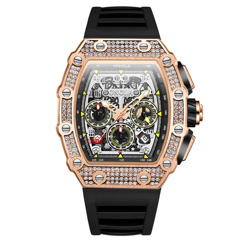 ONOLA ON6826D – Montre Automatique Homme | Diamants, Phase de Lune, Squelette, Étanche 3 Bar