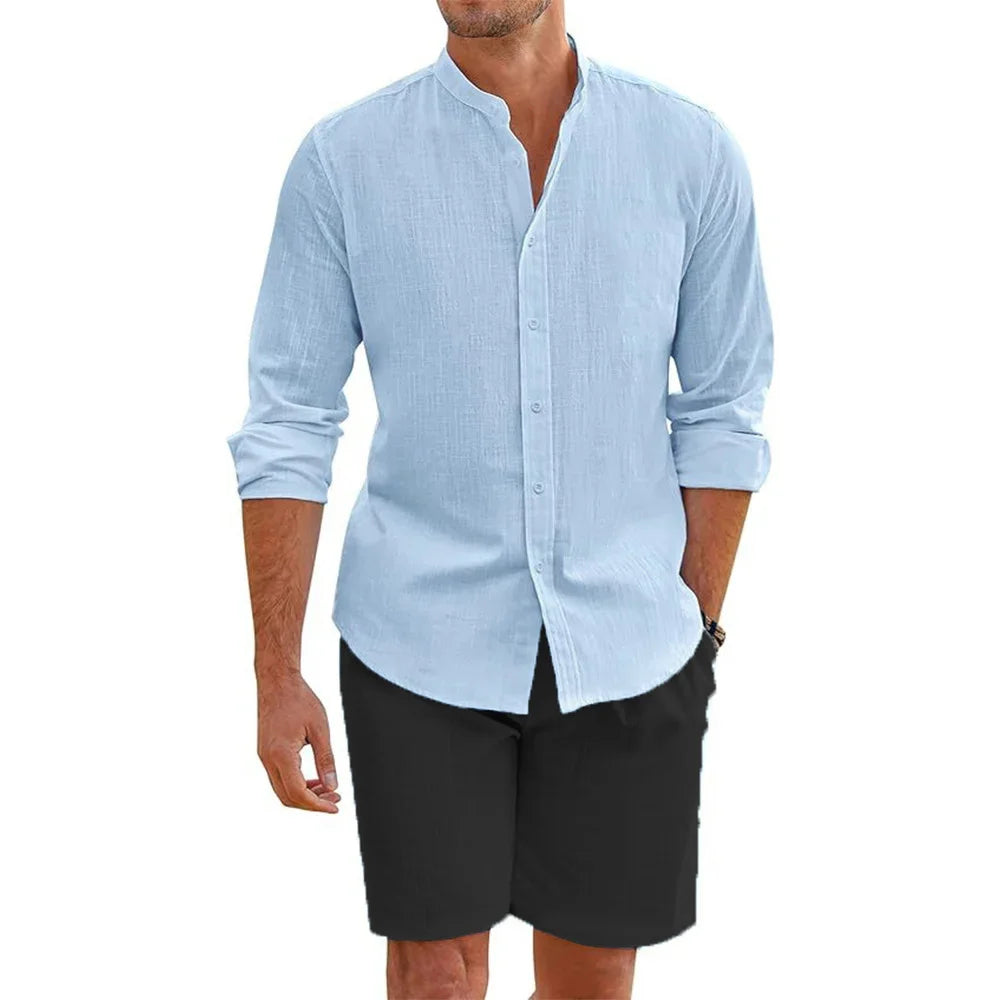 Ensemble 2 Pièces Homme Coton Lin Chemise Col Mao + Short Élastique Style Plage Casual – CLEVI Paris