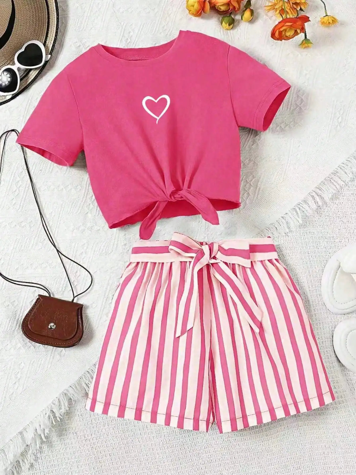 Ensemble fille t-shirt cœur et short rayé – CLEVI Paris