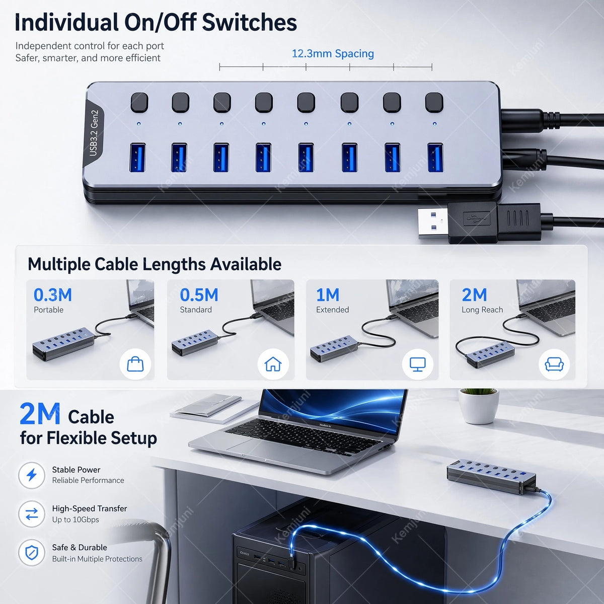 Hub USB 3.2 Gen 2 7 Ports 10Gbps avec Câble – CLEVI Paris