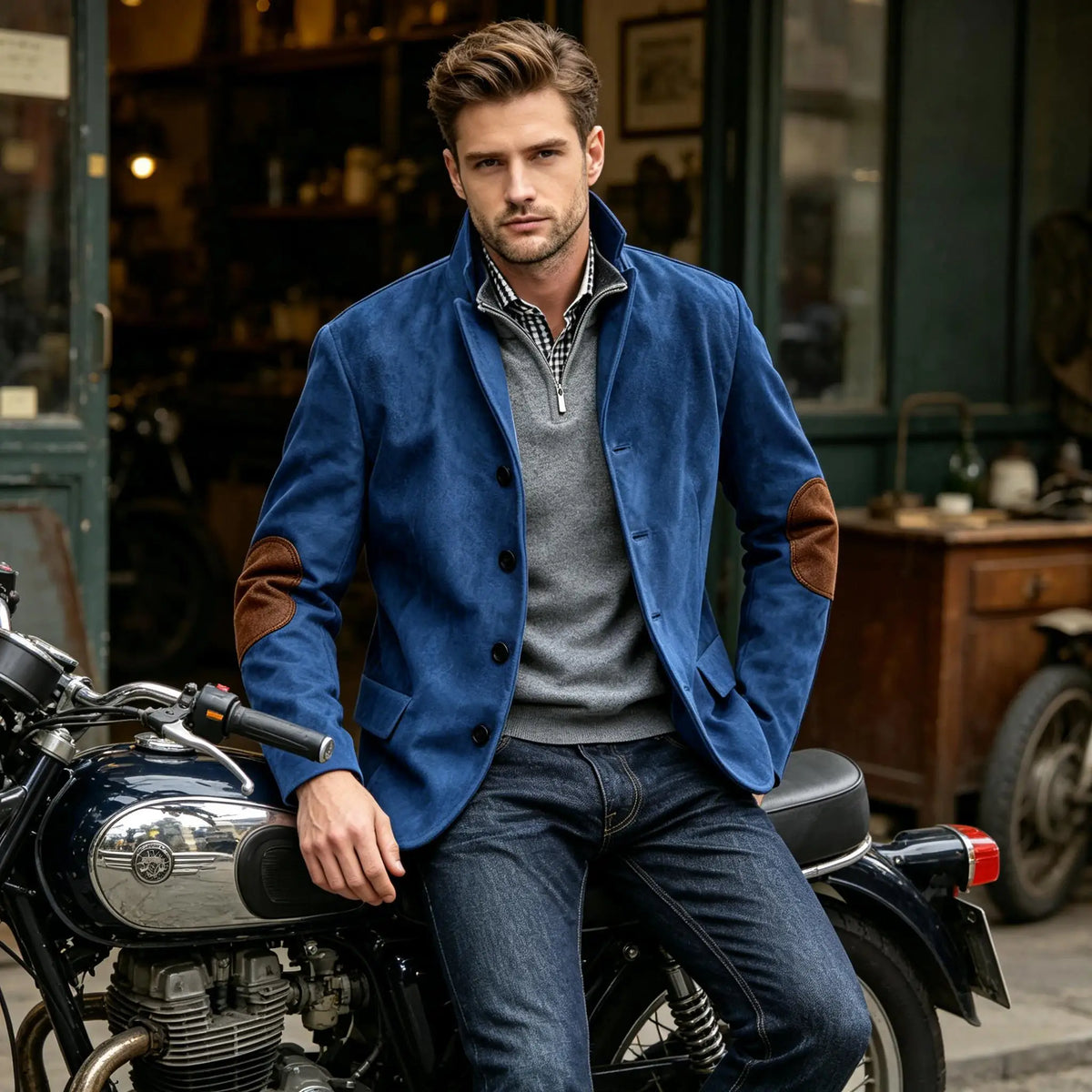 Blazer homme col montant, patchs aux coudes – CLEVI Paris