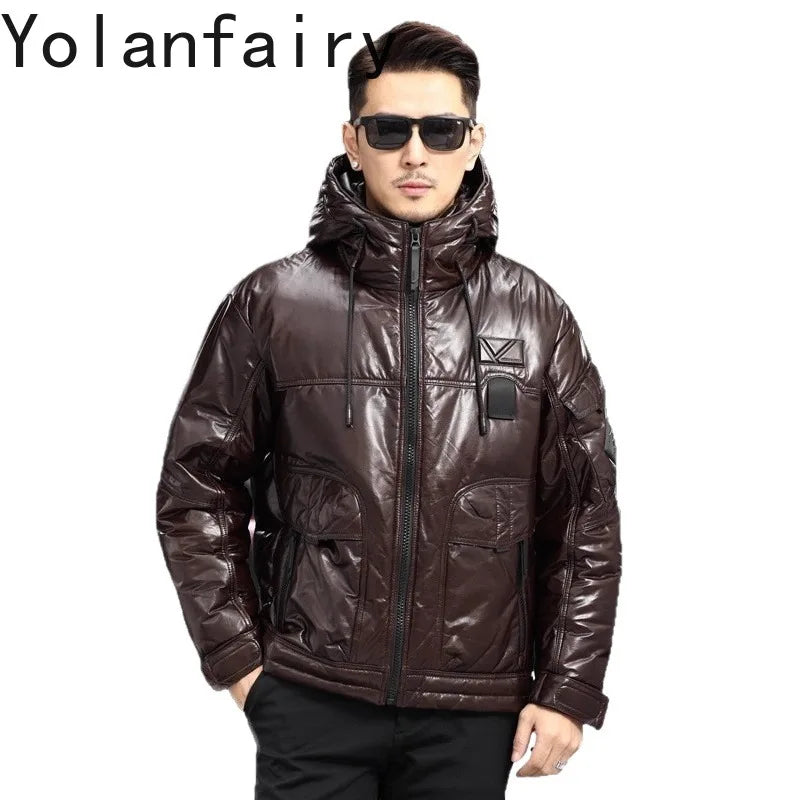 Veste homme marron en cuir de mouton à capuche – CLEVI Paris