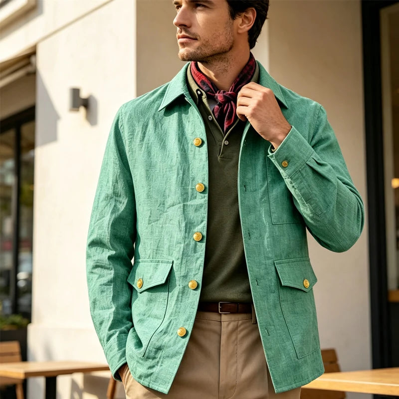 Veste homme en lin mélangé à boutons dorés – CLEVI Paris