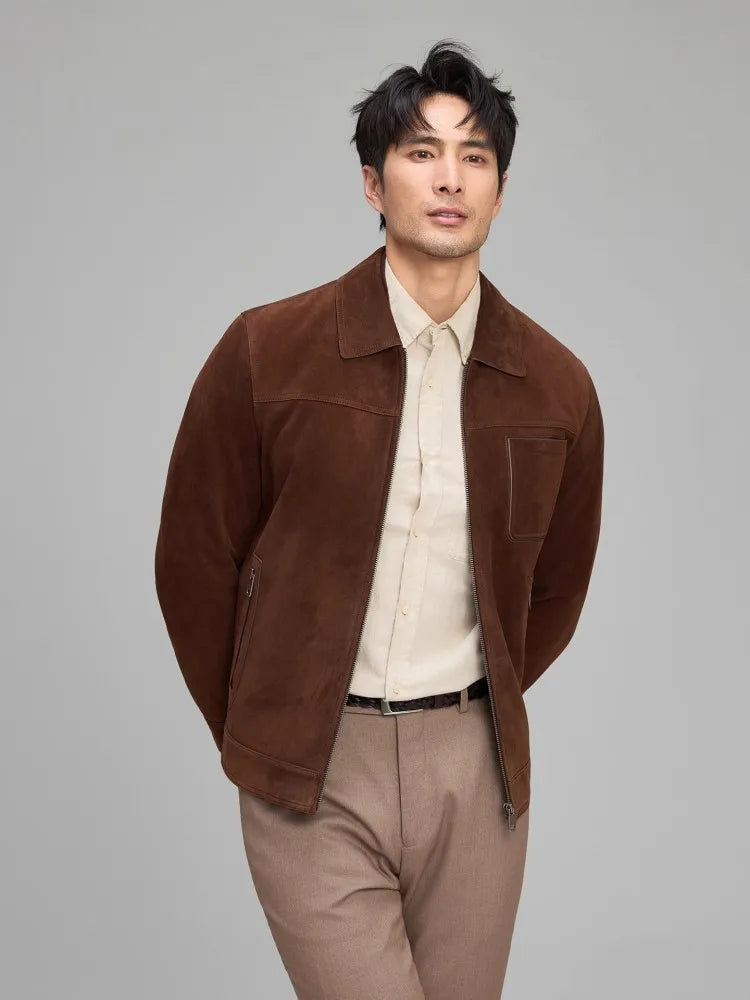 Blouson homme marron aspect daim zippé – CLEVI Paris