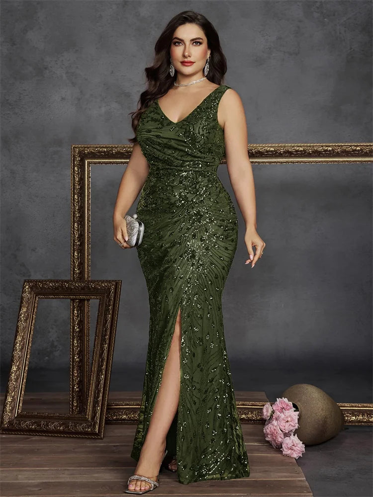 Robe de soirée sirène à paillettes col V – CLEVI Paris