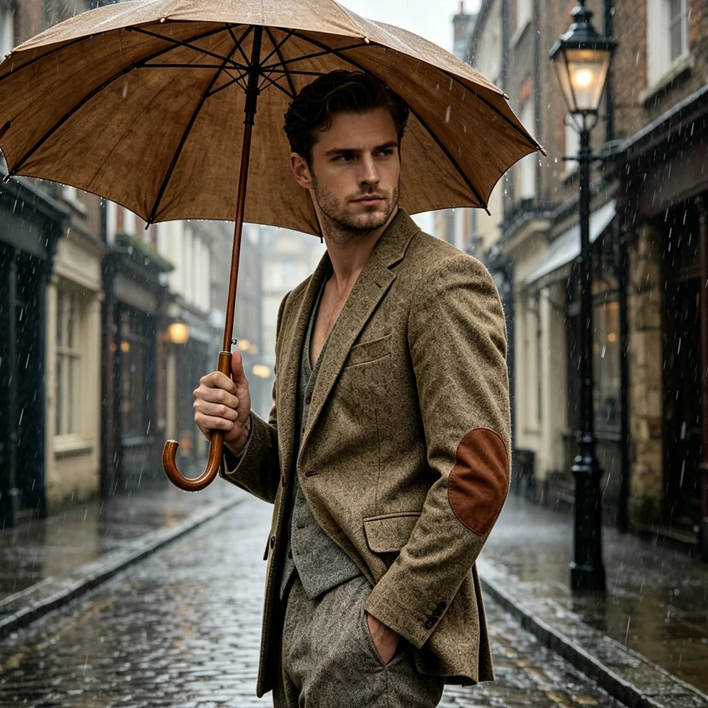 Blazer homme en tweed, revers cranté et coudes – CLEVI Paris