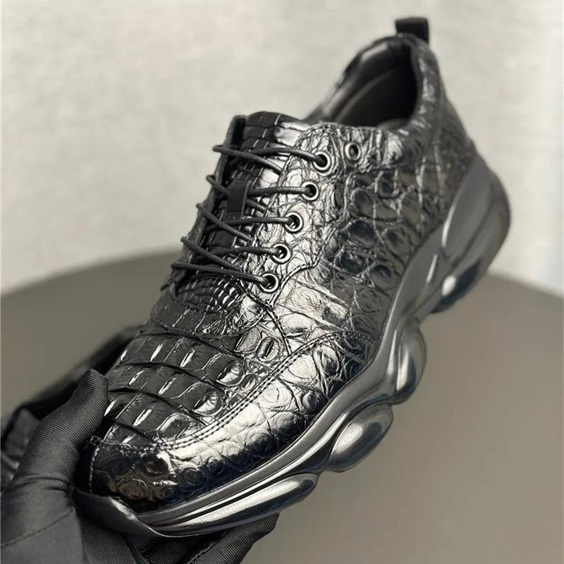 Sneakers Plates Cuir Croco Noir Lacets Homme – CLEVI Paris