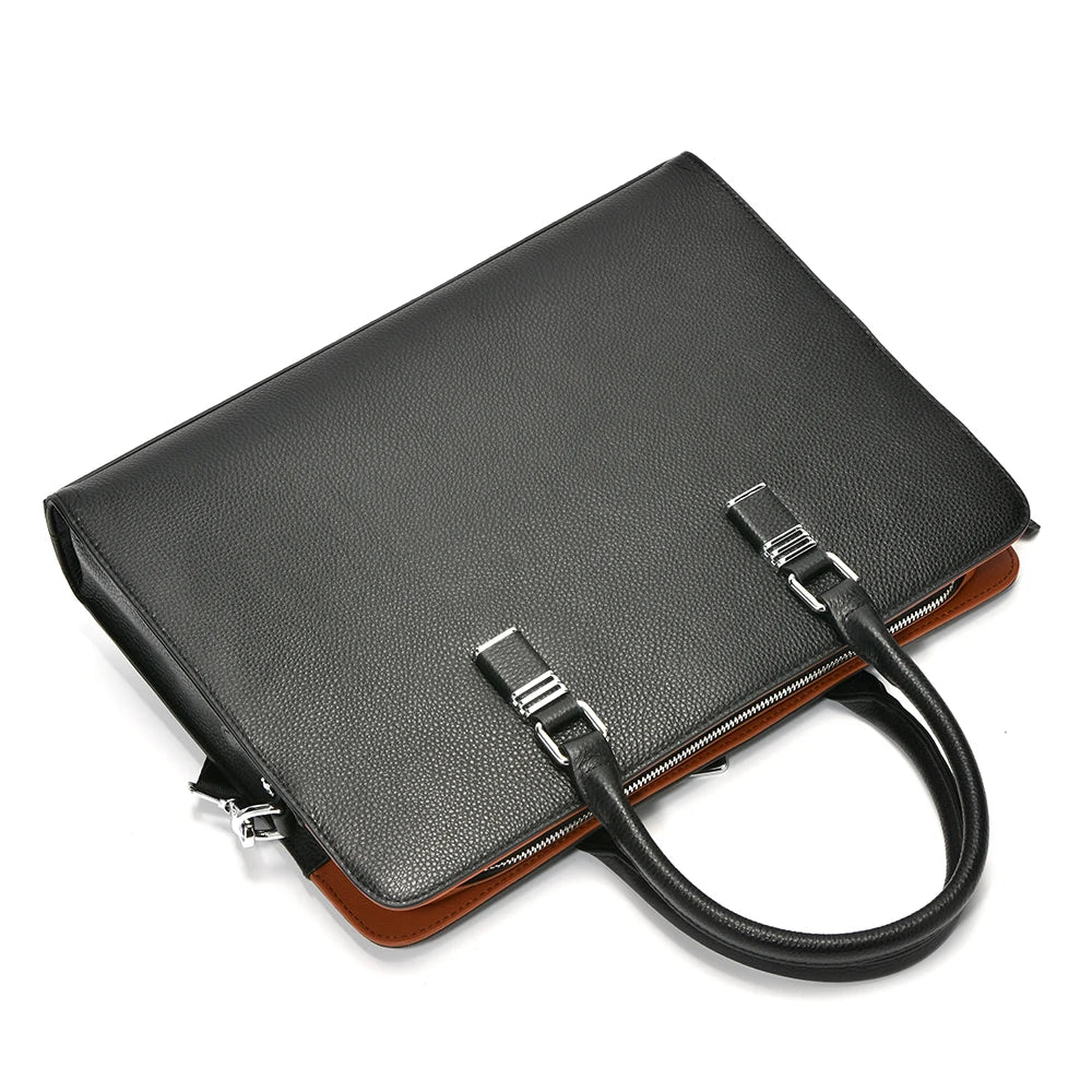 Serviette Homme Cuir Vache Rayures Luxe Laptop 14" 38x8x28cm – CLEVI Paris